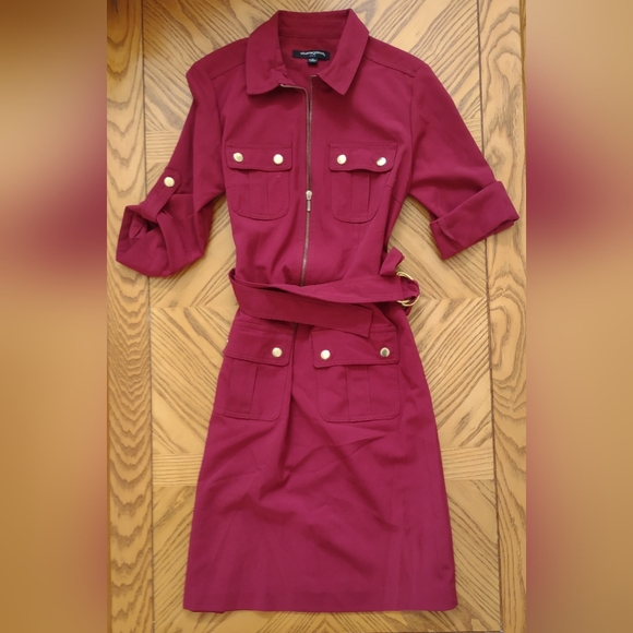 Sharagano Burgundy button zipper tie dress - Picture 1 of 8